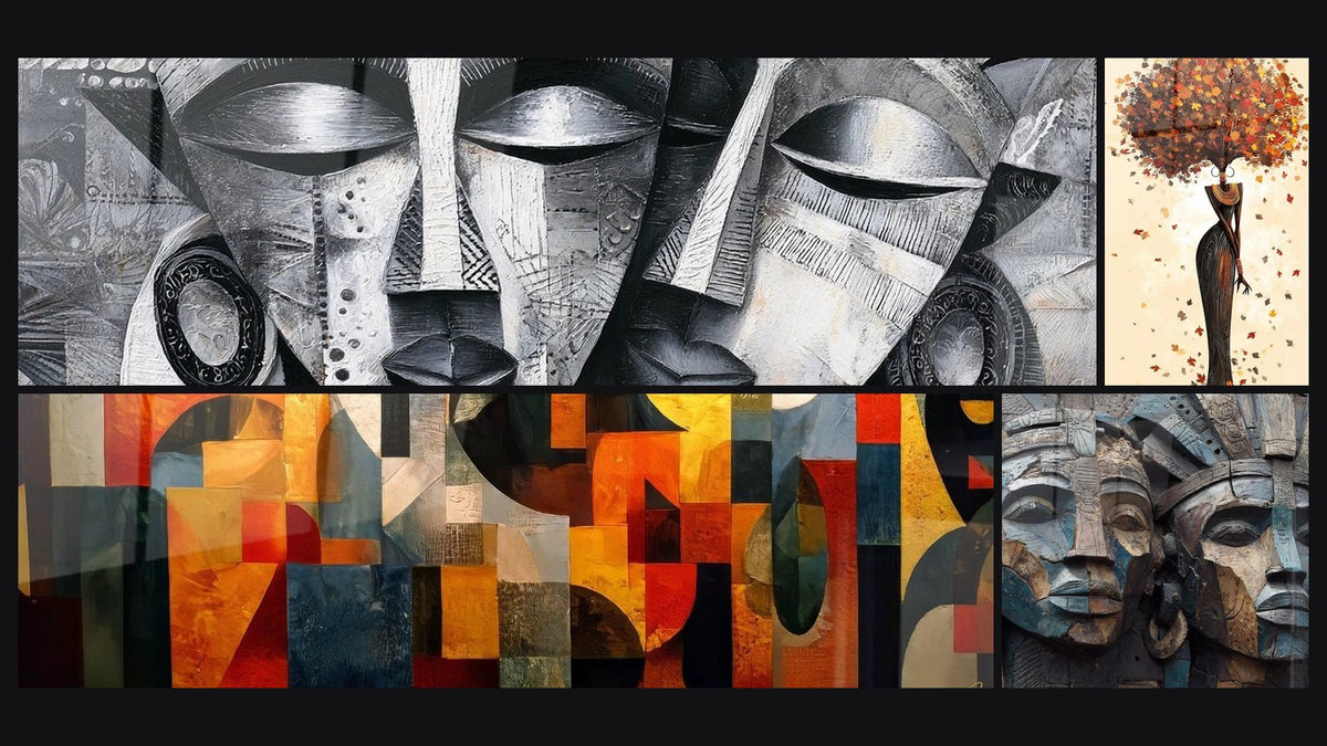 Mosaïque de quatre tableaux, dont Masques Africains, Femme Africaine Automne et Art abstrait géométrique