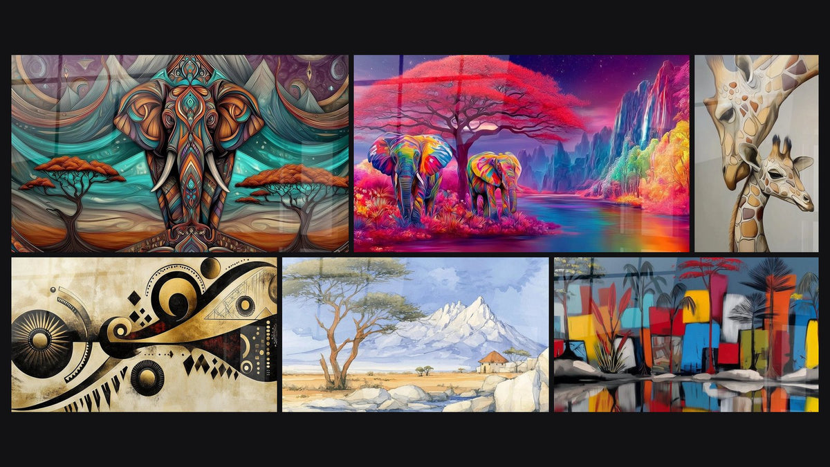 Mosaïque de six tableaux, dont Éléphant Mémoire de la Savane et Éléphants Arc-en-ciel vivant de la savane