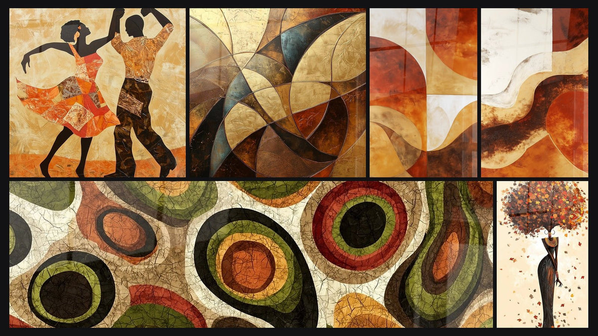 Mosaico di sei quadri, tra cui Africano Poesia del gesto, Africano Ritmi intrecciati e Cerchi Colorati in Tavola