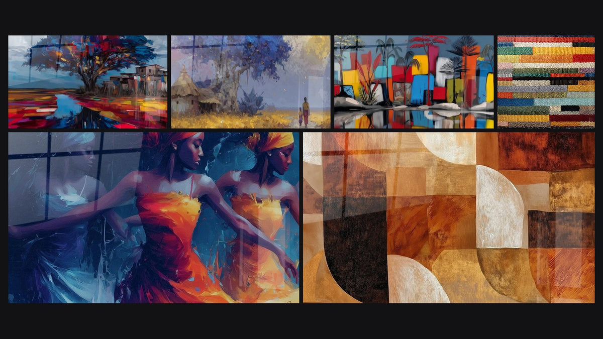 Mosaic of six paintings, including Tree Wall Art Guardian of the Village and Dancers Village Festivities