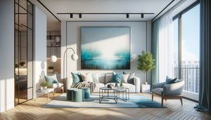 Grand tableau vertical aux tons froids bleus dans petit appartement contemporain créant illusion d'espace et profondeur