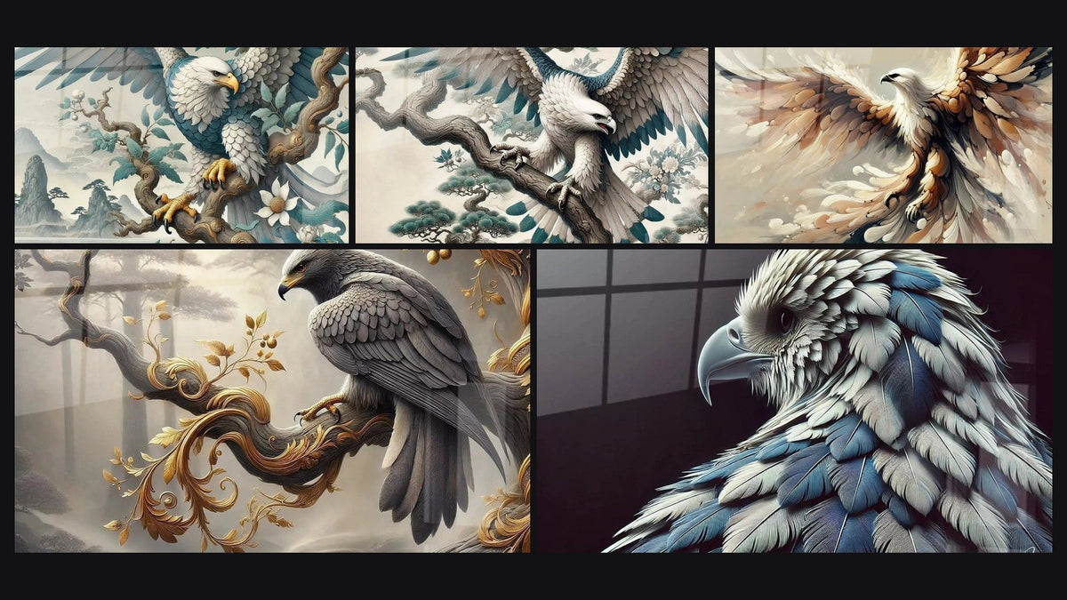 Mosaico de cinco cuadros, entre ellos El Grito del Viento, El Llamado Salvaje y Majestad del Viento