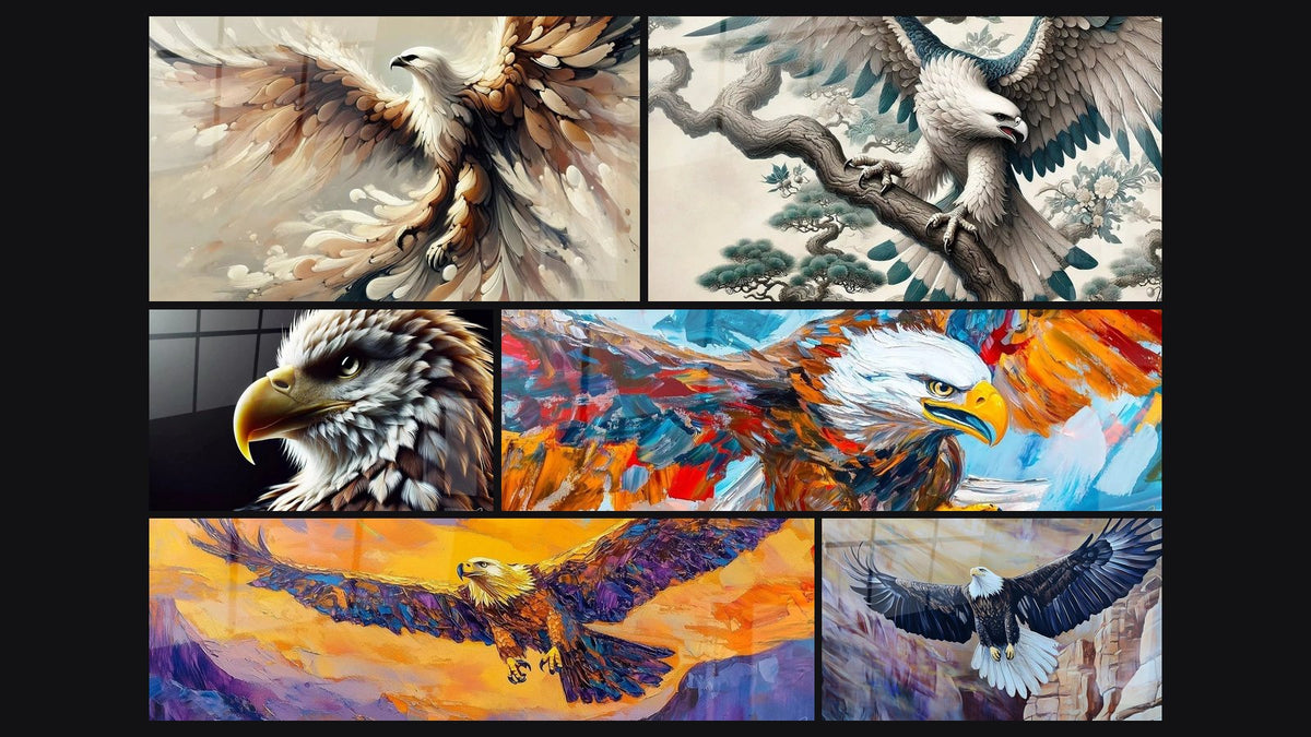 Mosaik aus sechs Gemälden, darunter Der Wilde Ruf, Stiller Wächter und Conquering Spirit Blazing Orange