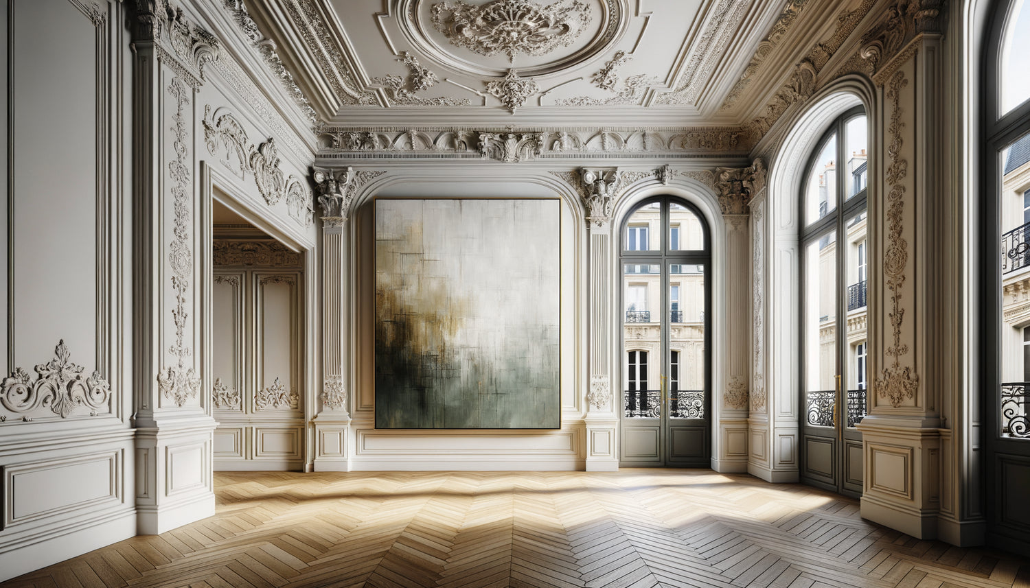 Tableau contemporain élégant accroché sur mur haussmannien avec moulures blanches dans appartement parisien Airbnb haut de gamme