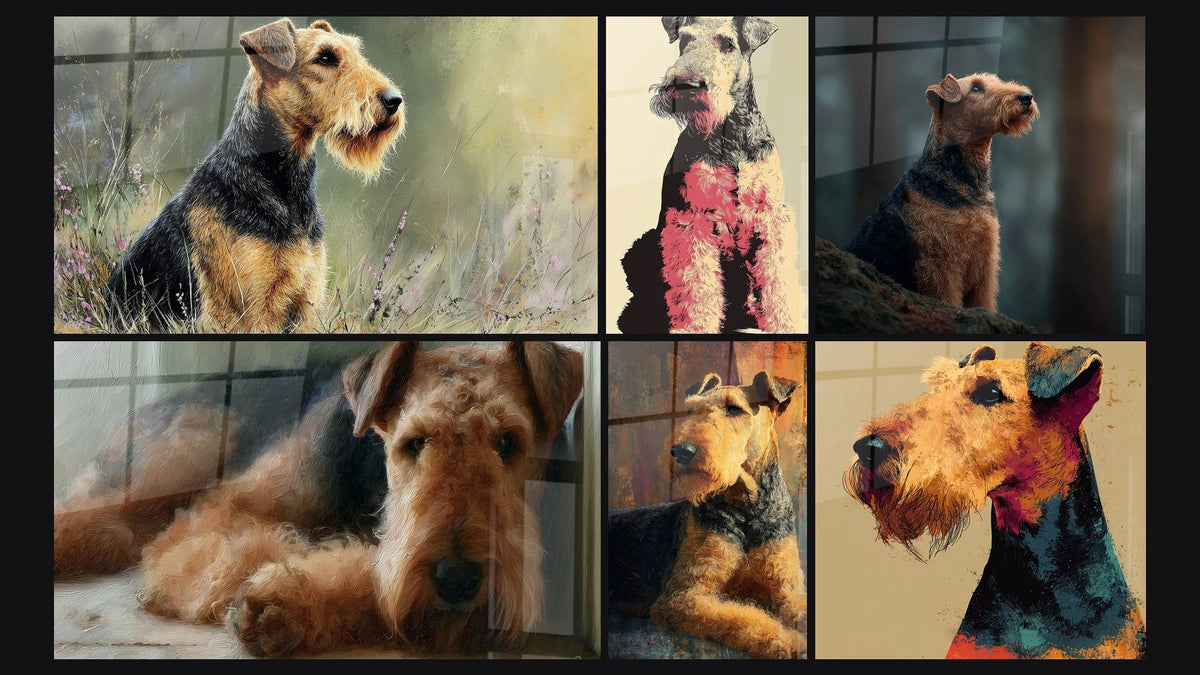 Mosaïque de six tableaux, dont Chien Terrier Couché aux Tons Chauds et Chien Assis aux Tons Roses et Noirs