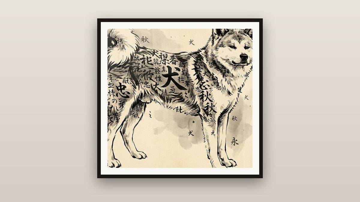 Tableau encadré sur un mur : Chien Stylisé avec Calligraphie Japonaise