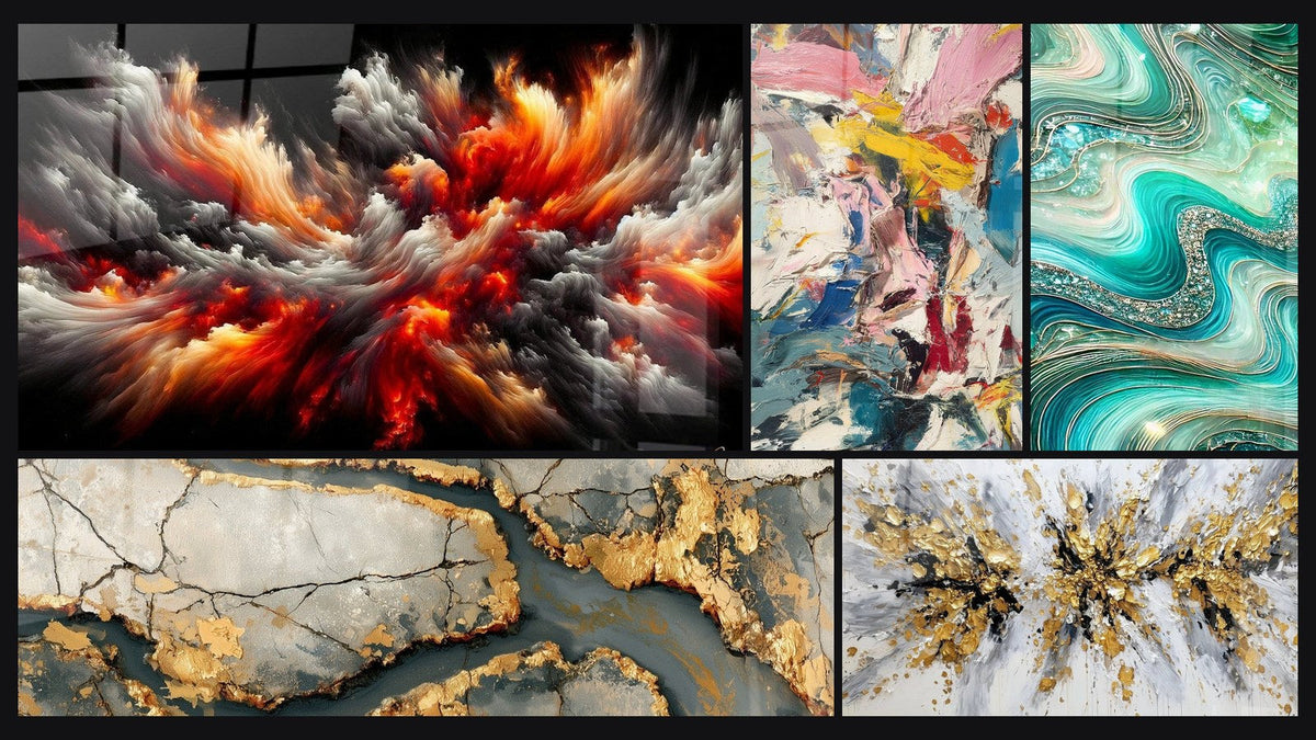 Mosaico de cinco cuadros, entre ellos Tormenta Solar Abisal, Mármol Dorado con Grietas Antracita y Explosión de colores