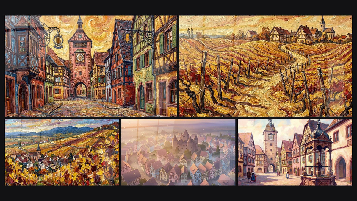 Mosaïque de cinq tableaux, dont Village Alsacien, Village Alsacien Automne et Village Alsacien Médiéval