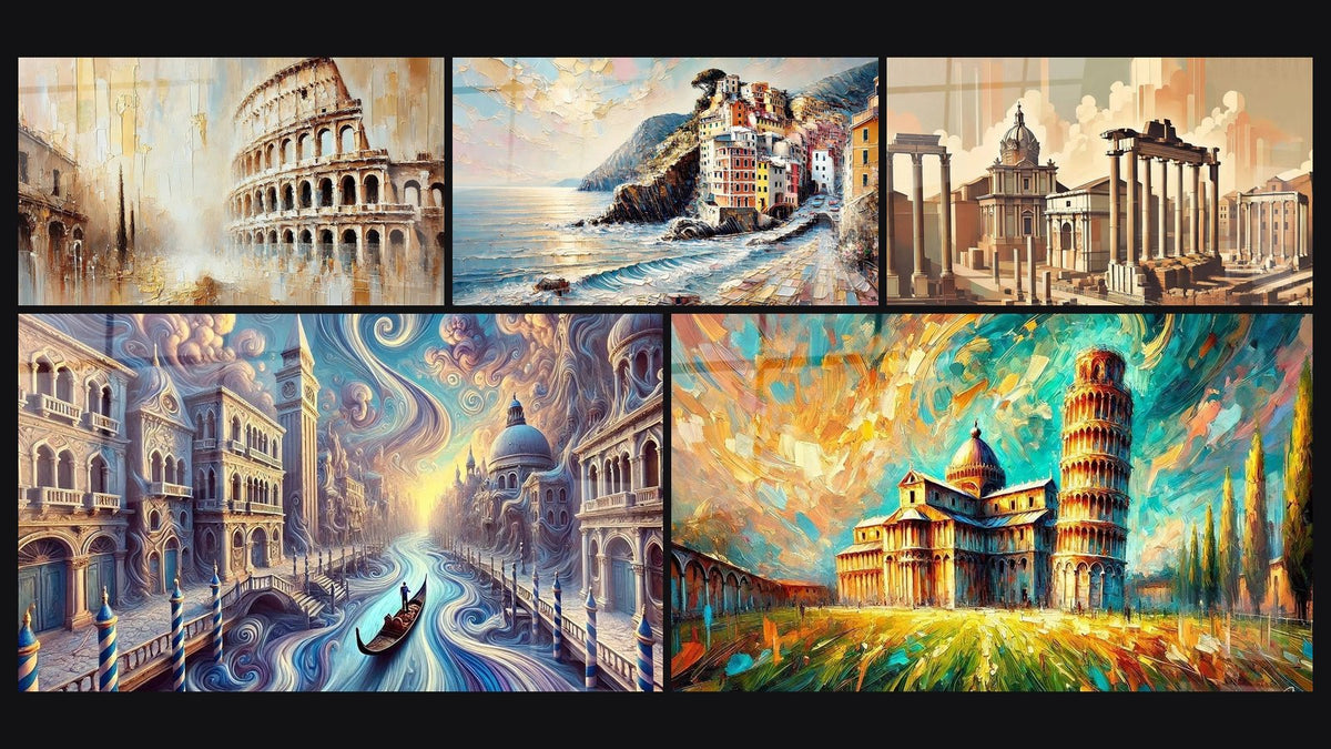 Mosaic of five paintings, including Colosseum Wall Art No.1, Cinque Terre Wall Art No. 1 and Leaning Tower of Pisa N°1