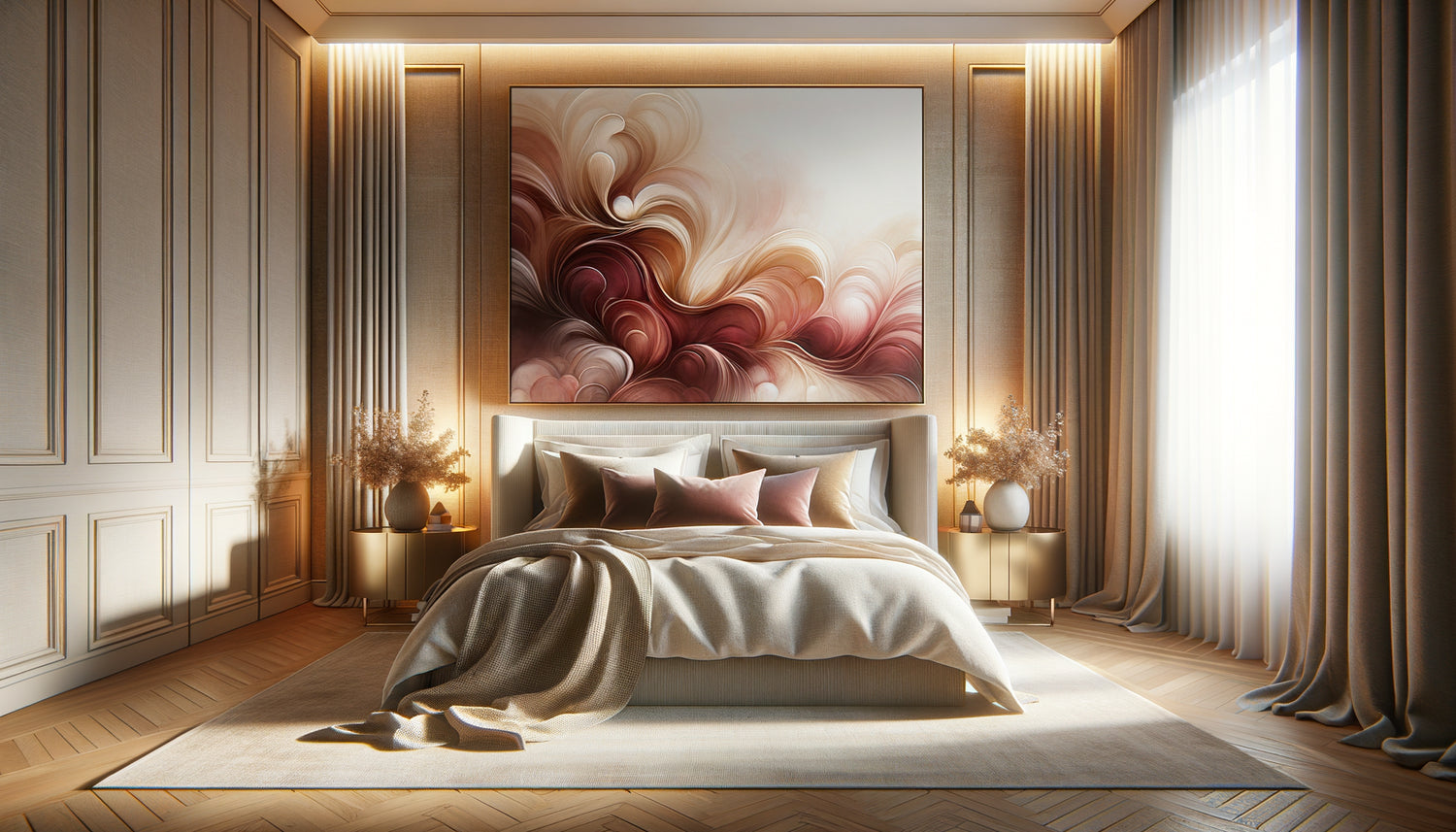 Chambre de couple contemporaine avec tableau romantique aux tons roses et bordeaux créant une ambiance intime chaleureuse
