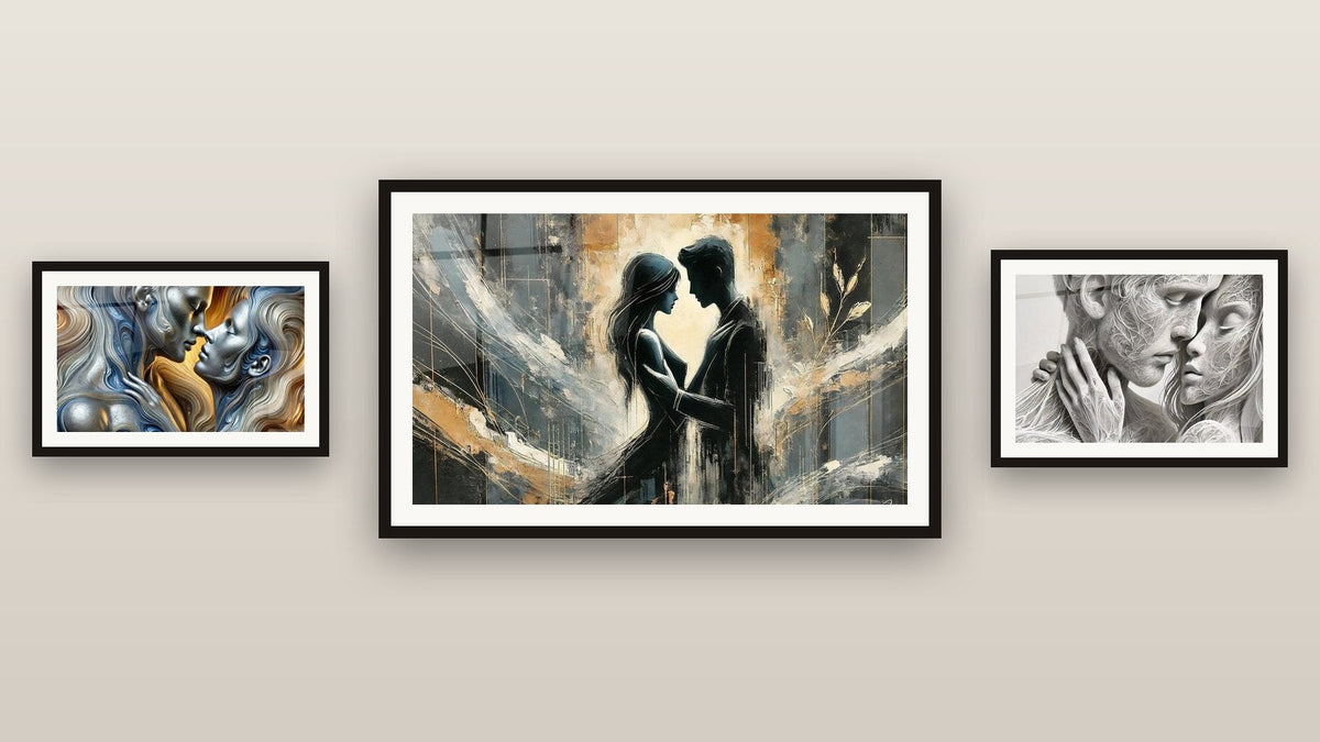 Mur de galerie avec trois tableaux encadrés : Amour N°1, Amour N°5 et Amour N°4