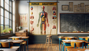 Tableau d'anatomie humaine simplifié et coloré affiché dans une classe de sciences pour l'enseignement