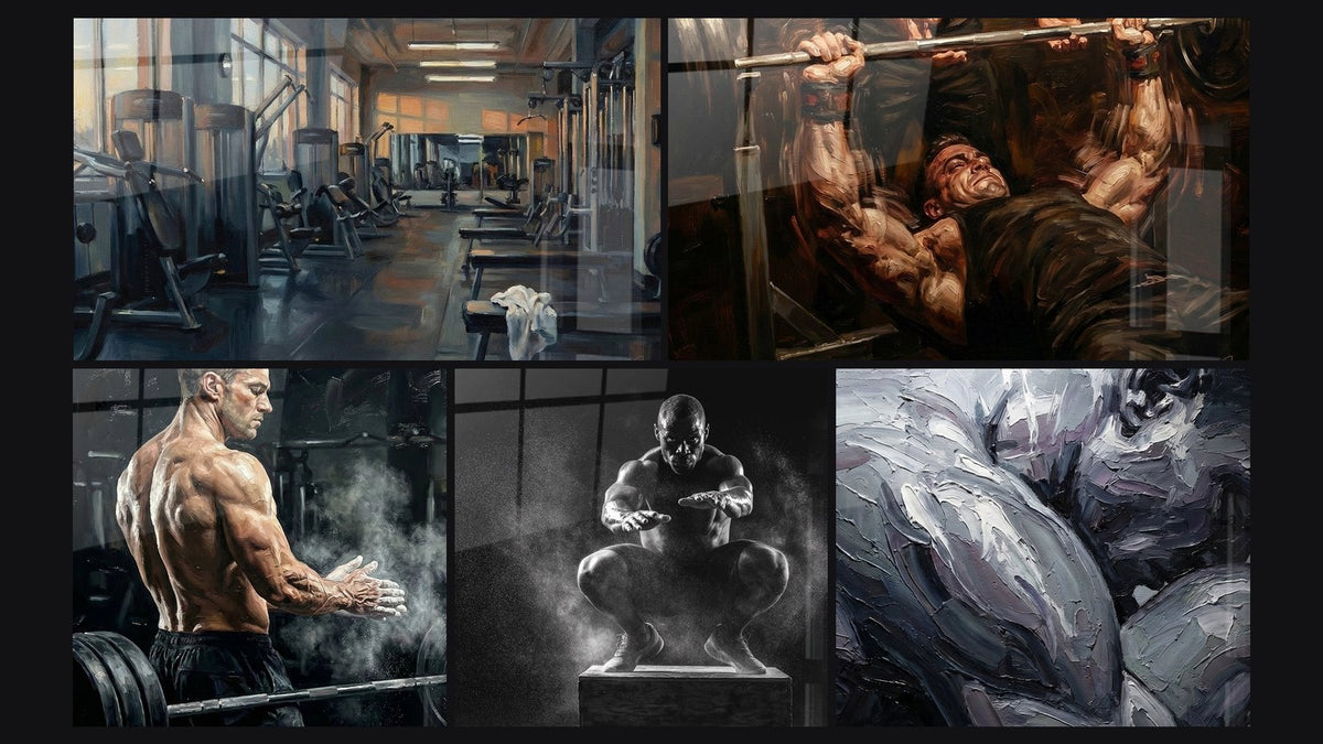 Mosaïque de cinq tableaux, dont Salle de Sport Moderne, Musculation Salle de Sport et Athlète Musculation