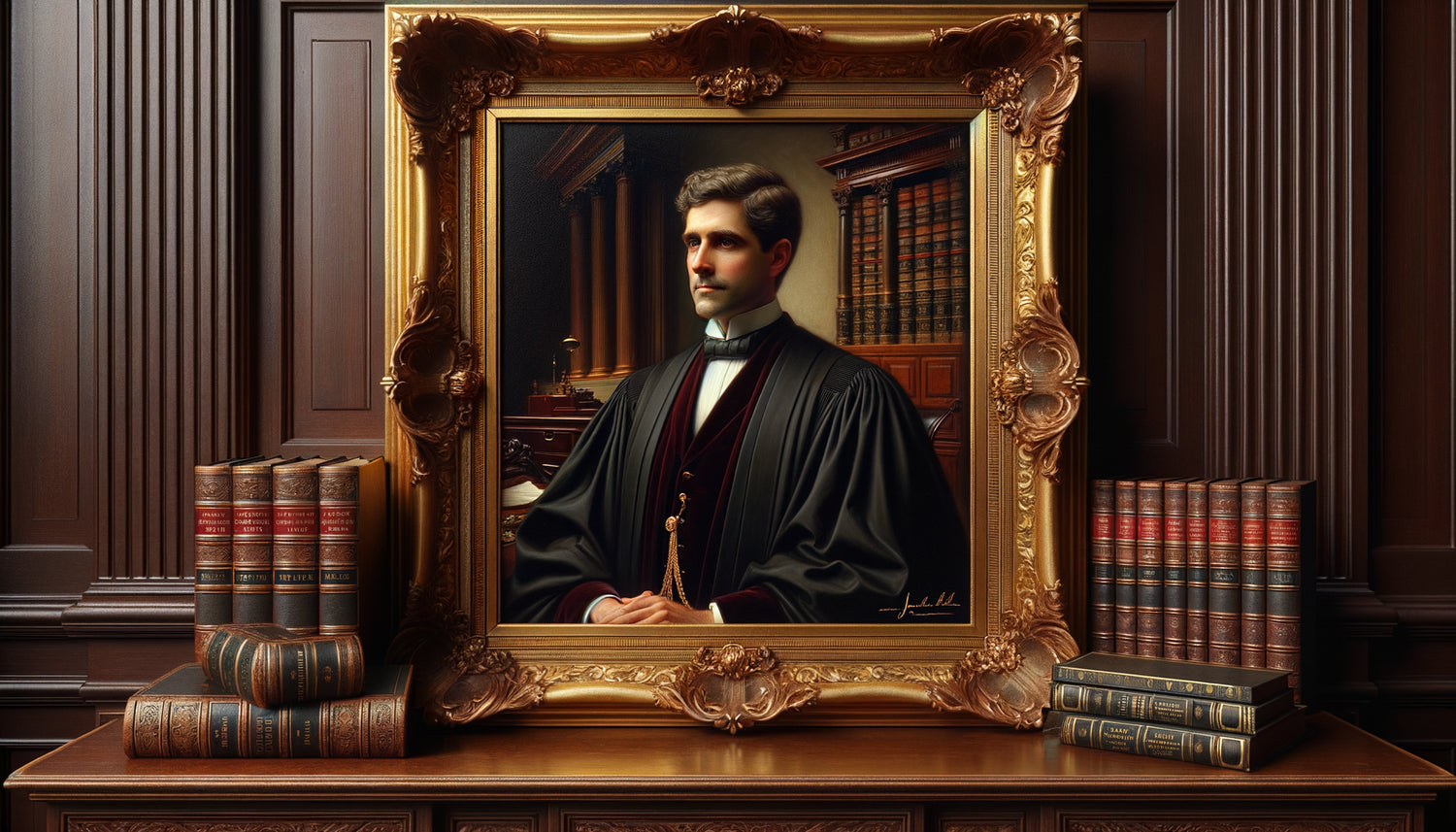 Tableau ancien du 19ème siècle représentant un juriste en robe, accroché dans cabinet juridique historique avec boiseries