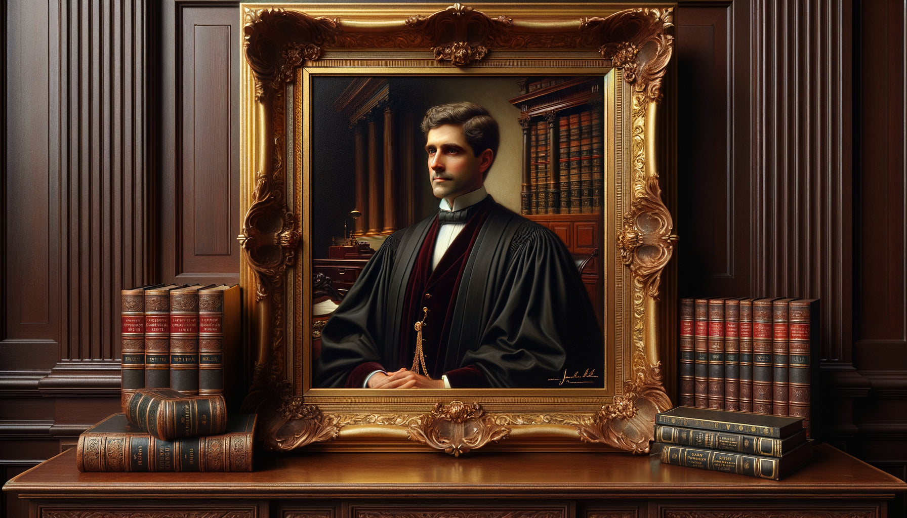 Tableau ancien du 19ème siècle représentant un juriste en robe, accroché dans cabinet juridique historique avec boiseries
