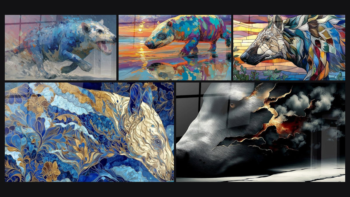 Mosaïque de cinq tableaux, dont Andrewsarchus en Course, Andrewsarchus Ornementale et Andrewsarchus Coloré