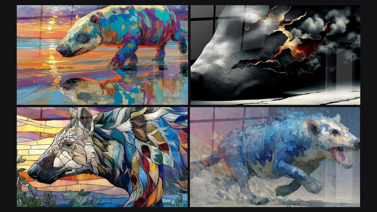 Mosaic of four paintings, including Colorful Andrewsarchus, Andrewsarchus Mosaic and Andrewsarchus Fragmented Profile