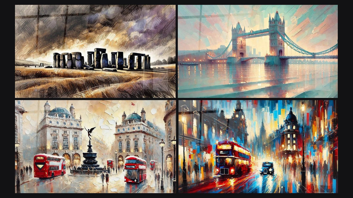 Mosaïque de quatre tableaux, dont Anglais N°2, Tower Bridge N°1 et Piccadilly Circus N°1