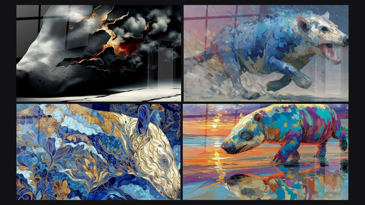 Mosaïque de quatre tableaux, dont Profil Andrewsarchus Fragmenté, Andrewsarchus en Course et Andrewsarchus Ornementale