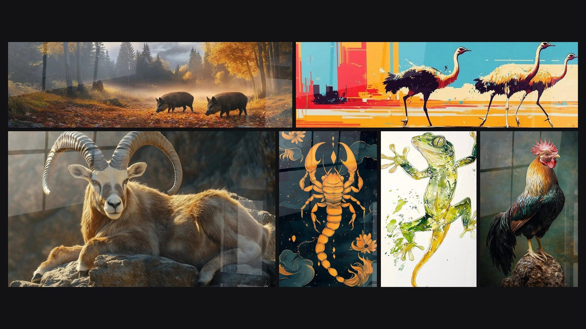 Mosaico di sei quadri, tra cui Cinghiale N°2, Struzzo N°2 e Stambecco N°1