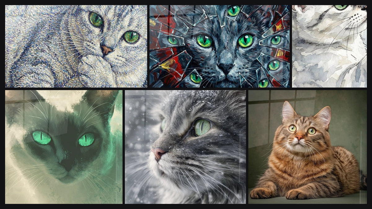 Mosaic of six paintings, including Green-Eyed Cat, Emerald-Green-Eyed Cat and Cat with Green Eyes in the Snow