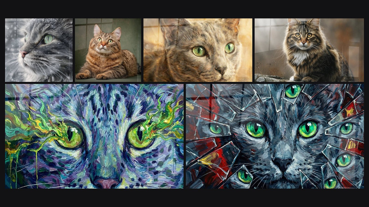 Mosaik aus sechs Gemälden, darunter American Bobtail Katze mit grünen Augen und Katze mit grünen Augen