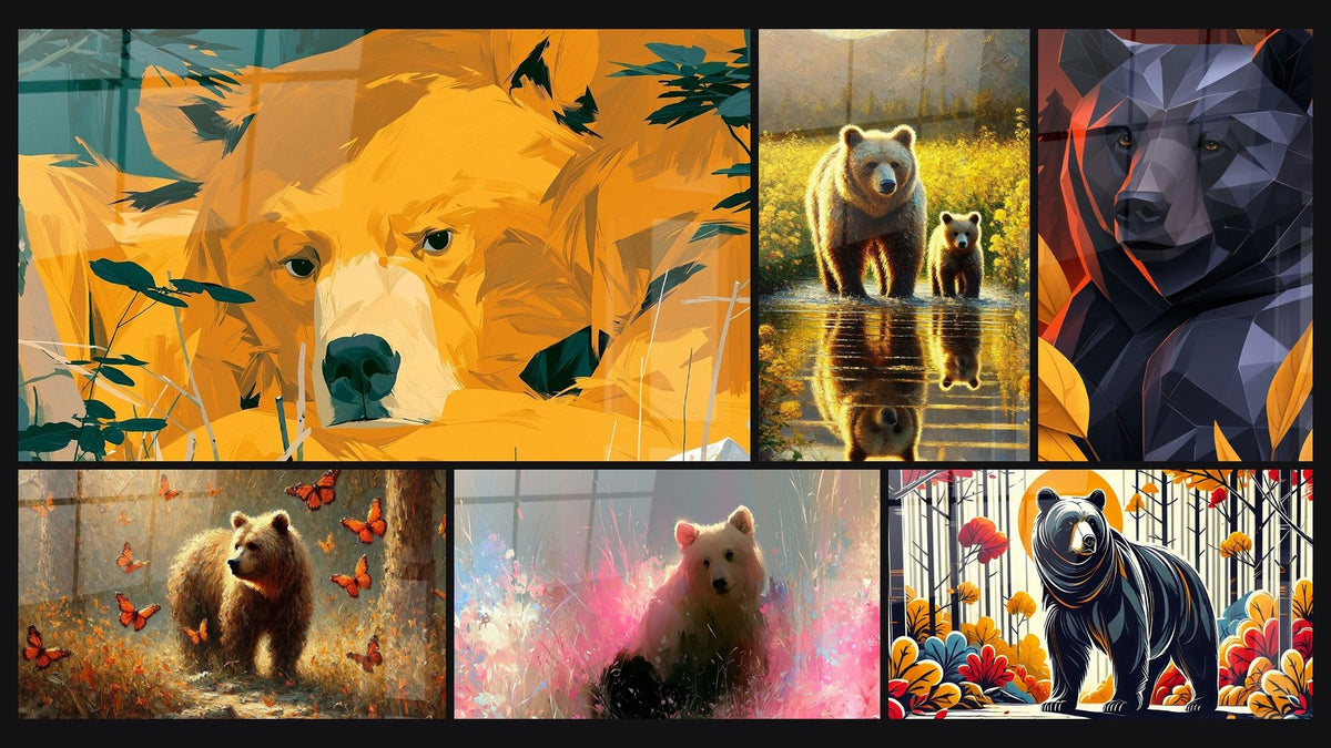 Mosaïque de six tableaux, dont Éveil dans la Forêt, Lumière d'Été et Ours brun assis dans des herbes roses