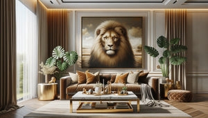 Salon élégant avec grand tableau animalier représentant un lion majestueux, décoration haut de gamme et raffinée