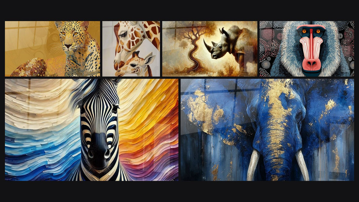 Mosaïque de six tableaux, dont Léopard Doré, Girafe et son Petit et Palette de la Nature