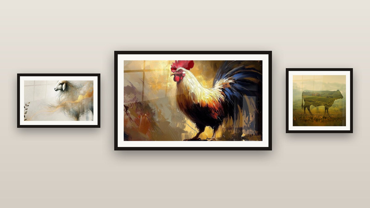 Gallery wall with three framed paintings, including The Sheep Spirit and Double Exposure Cow