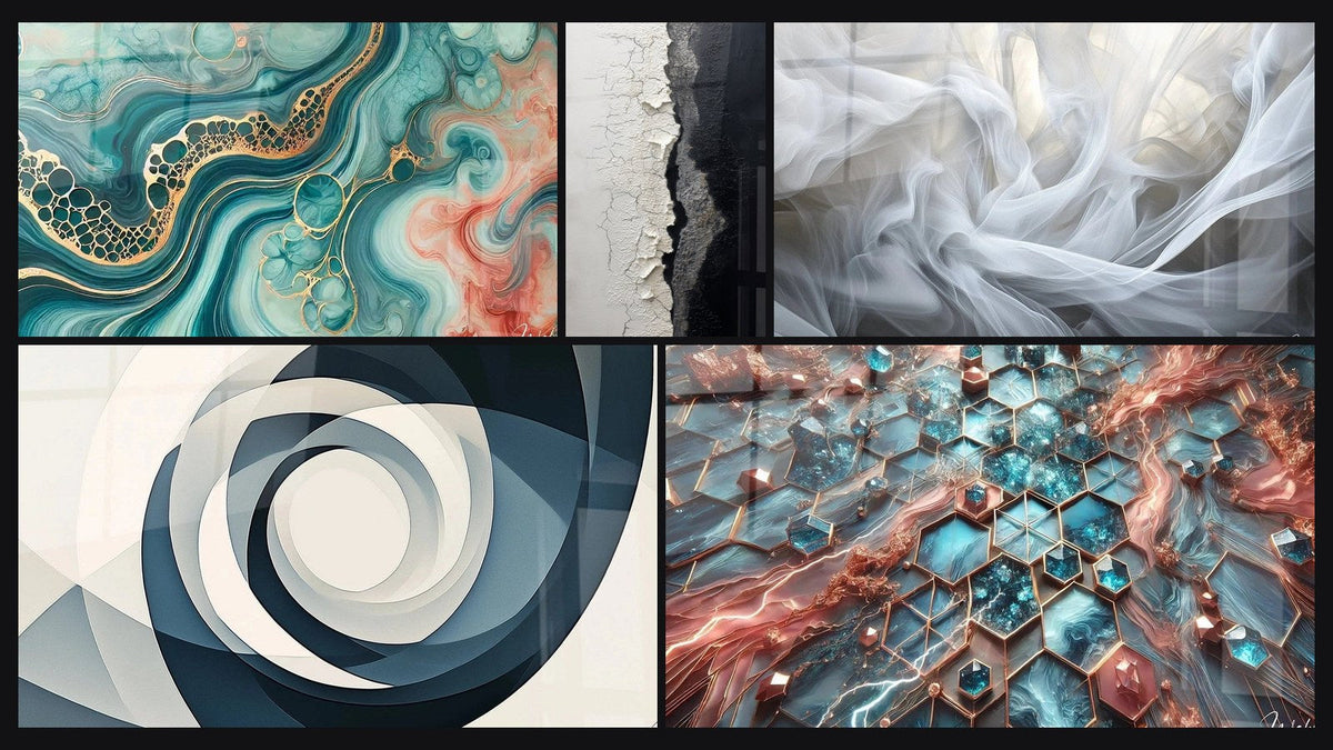 Mosaïque de cinq tableaux, dont Marée d'Aquarelle, Texture Craquelée Blanc et Noir et Voiles de Lumière