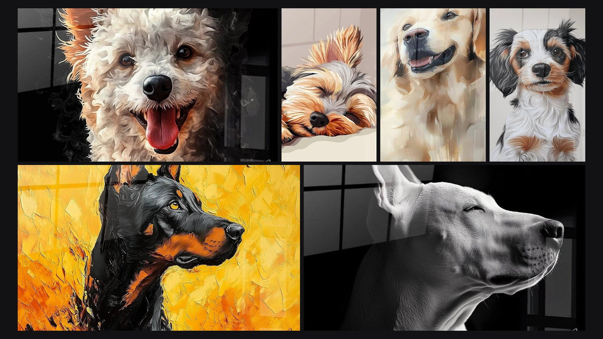 Mosaïque de six tableaux, dont Caniche N°1, Yorkshire N°2 et Golden Retriever N°2