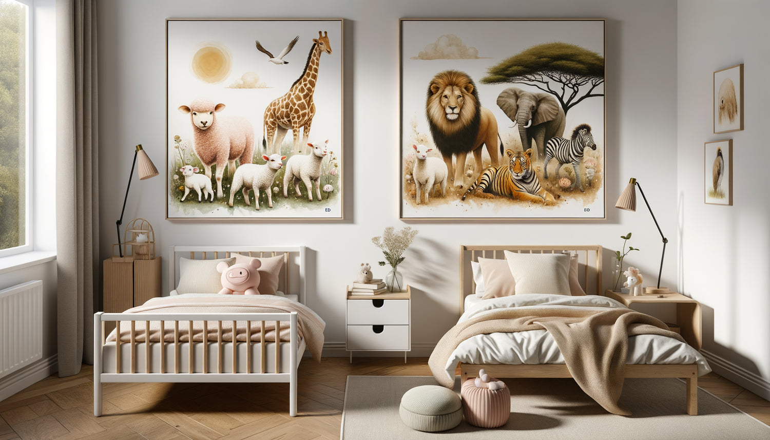 Comparaison décoration murale enfant : tableau animaux ferme doux versus animaux savane aventureux selon âge