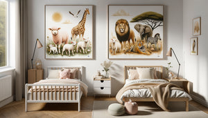 Comparaison décoration murale enfant : tableau animaux ferme doux versus animaux savane aventureux selon âge