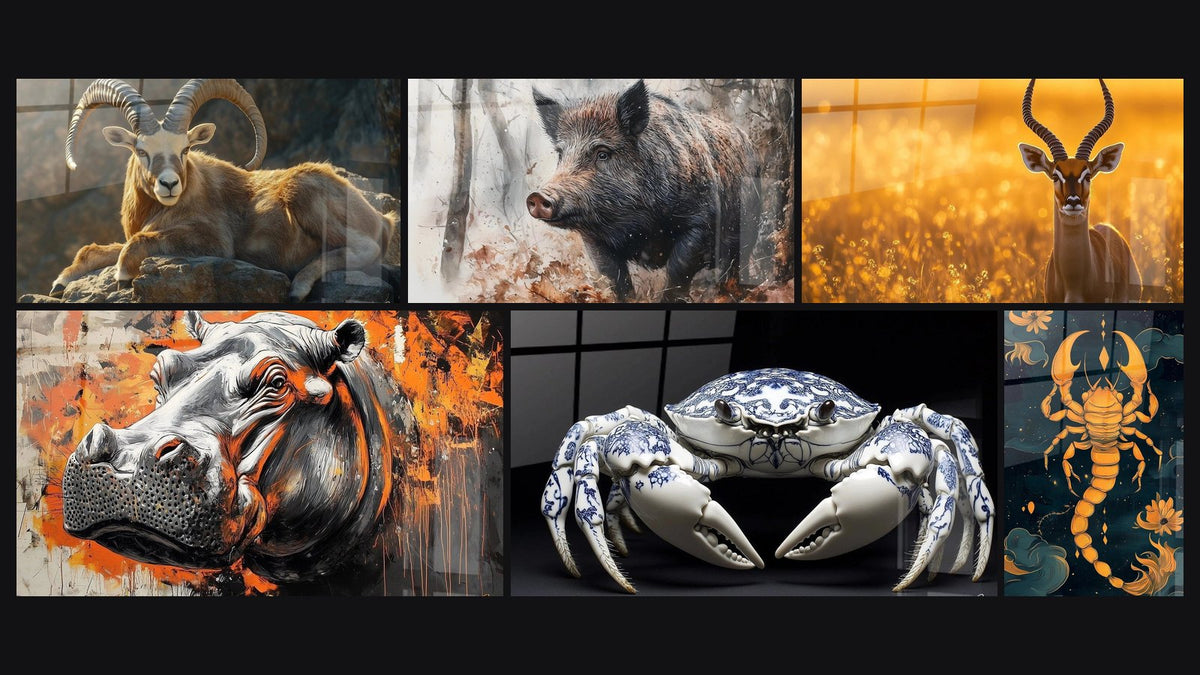 Mosaik aus sechs Gemälden, darunter Wildschwein-Bild Nr. 1 und Skorpion-Bild Nr. 1
