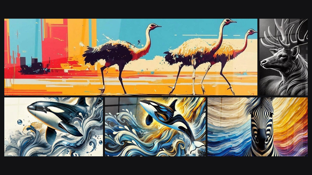 Mosaico de cinco cuadros, entre ellos Avestruz N°2, Ballena Marina y El Ciervo Monarca