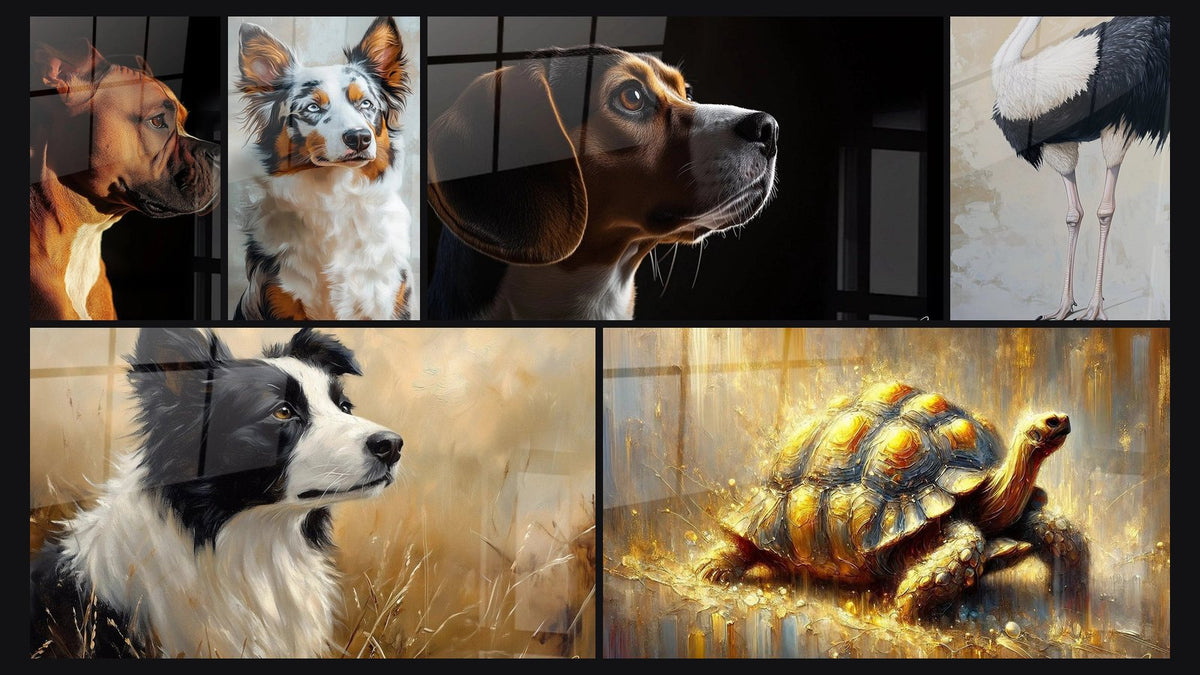 Mosaic of six paintings, including Australian Shepherd Artwork No. 2 and Earthly Brilliance