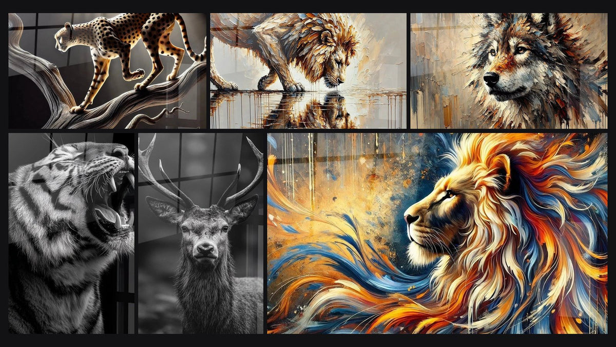 Mosaico de seis cuadros, entre ellos Equilibrio Salvaje, Tigre Rugiendo y Espejo de Orgullo