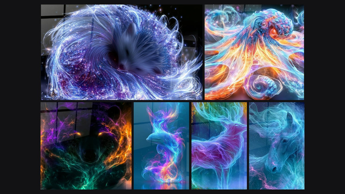 Mosaik aus sechs Gemälden, darunter Fox Schlafend mit Blau- und Violettvoluten und Blaues Delfinbild mit bunten Voluten
