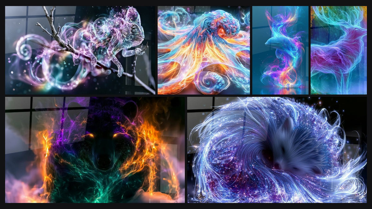 Mosaik aus sechs Gemälden, darunter Fox Schlafend mit Blau- und Violettvoluten und Blaues Delfinbild mit bunten Voluten