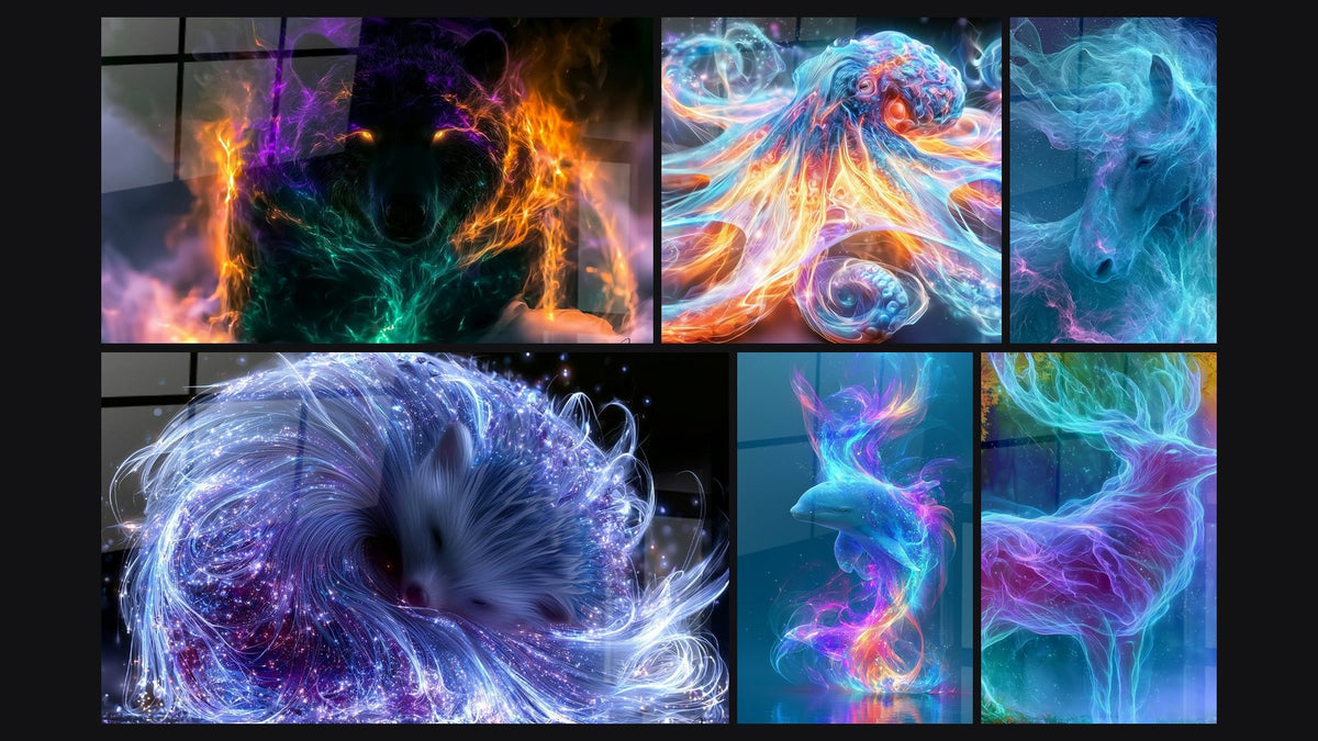 Mosaico de seis cuadros, entre ellos Lobo negro con llamas naranja y turquesa y Zorro Dormido con Volutas Azul y Violeta