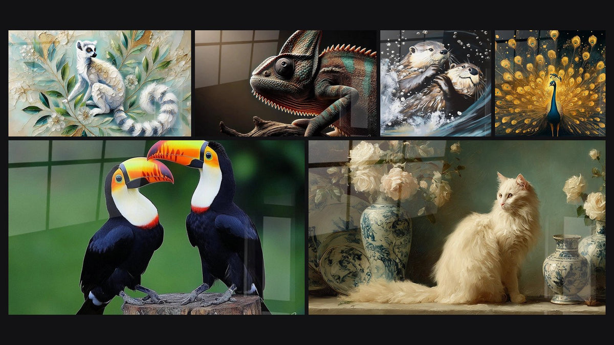 Mosaic of six paintings, including Silent Observer, Hidden Gaze and Otter Duo