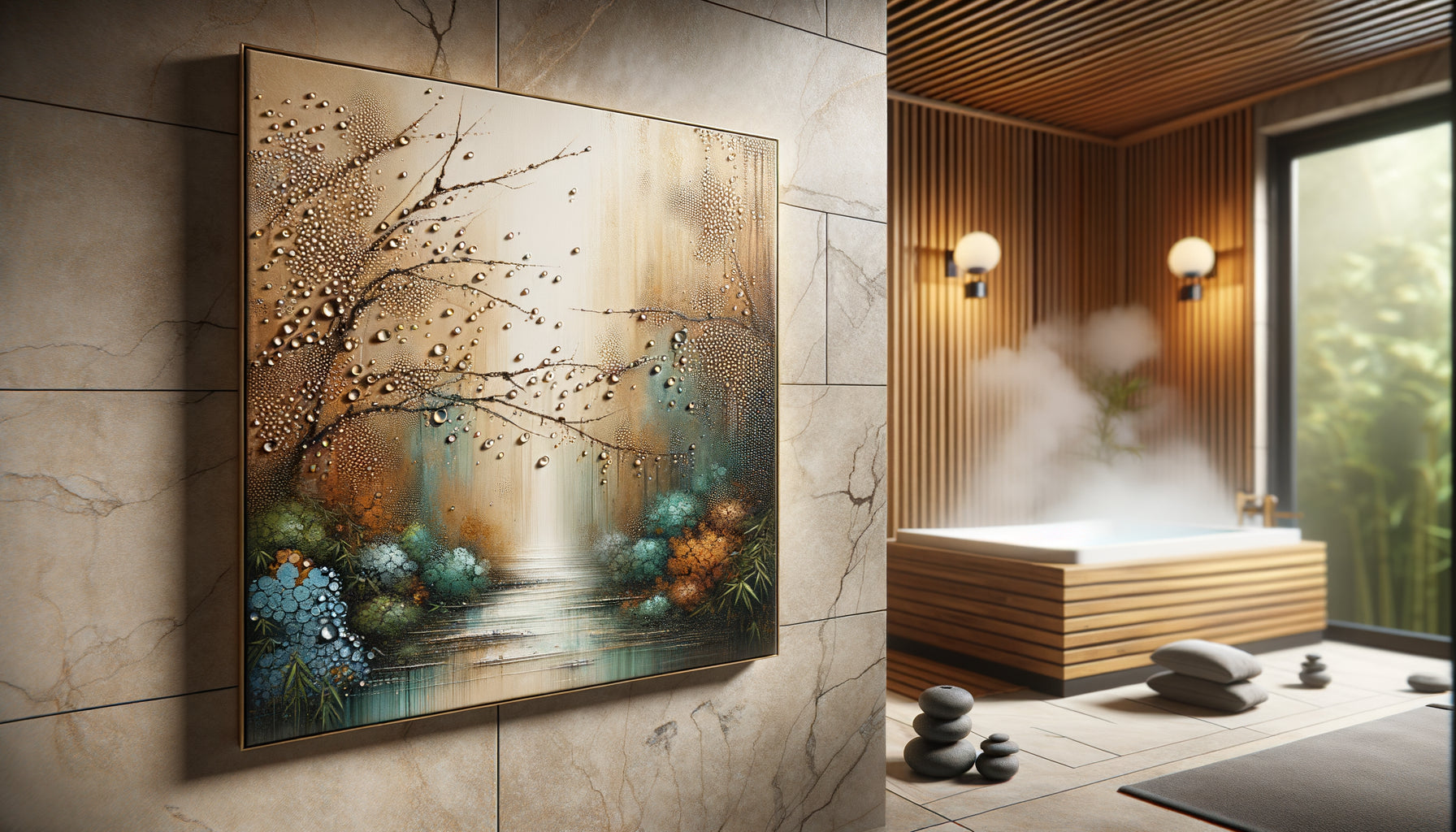 Tableau avec traitement anti-humidité dans spa moderne, gouttes d'eau perlant sur surface protégée, ambiance zen