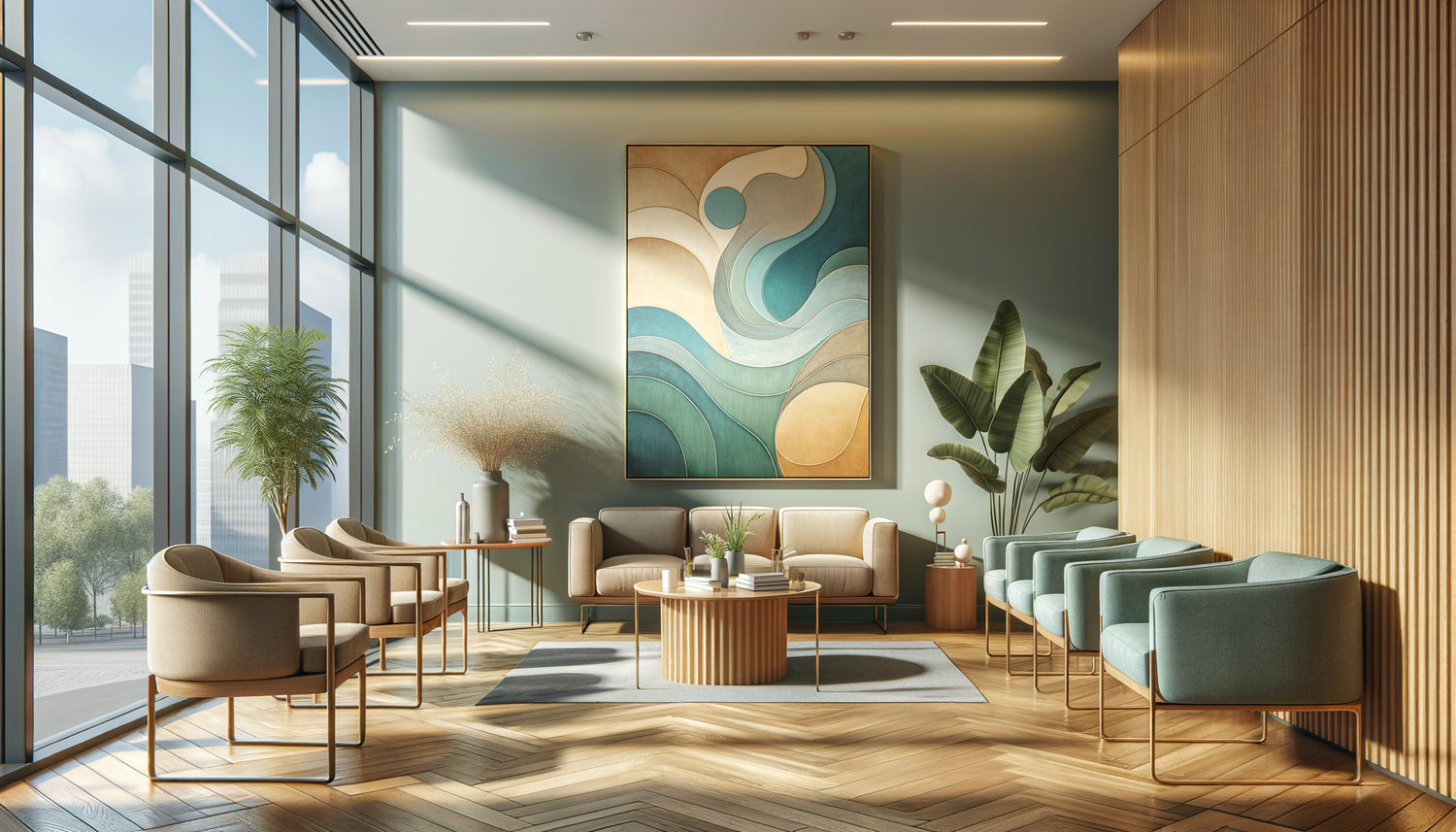 Salle d'attente apaisante de cabinet d'avocats avec tableau abstrait aux couleurs douces et mobilier chaleureux