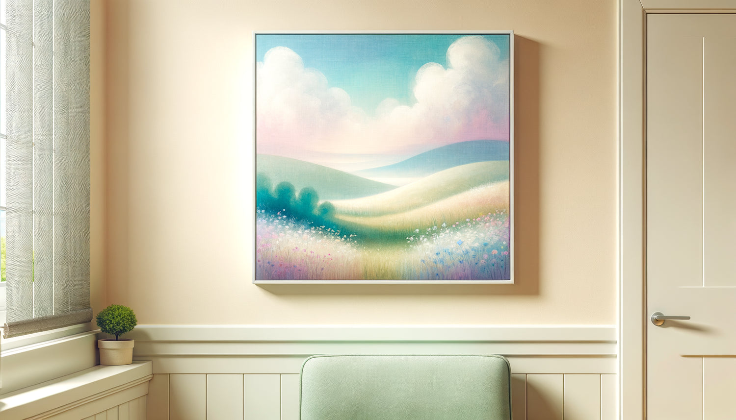 Tableau apaisant aux tons pastel dans un cabinet médical pédiatrique, paysage doux thérapeutique pour enfants