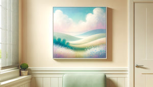 Tableau apaisant aux tons pastel dans un cabinet médical pédiatrique, paysage doux thérapeutique pour enfants