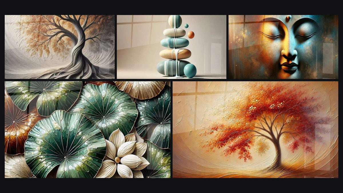Mosaik aus fünf Gemälden, darunter Atem der Erde, Balance Pastell und Garten der Reflexionen