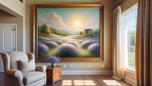 Tableau apaisant de paysage champêtre aux tons pastel dans une résidence seniors, style impressionniste doux