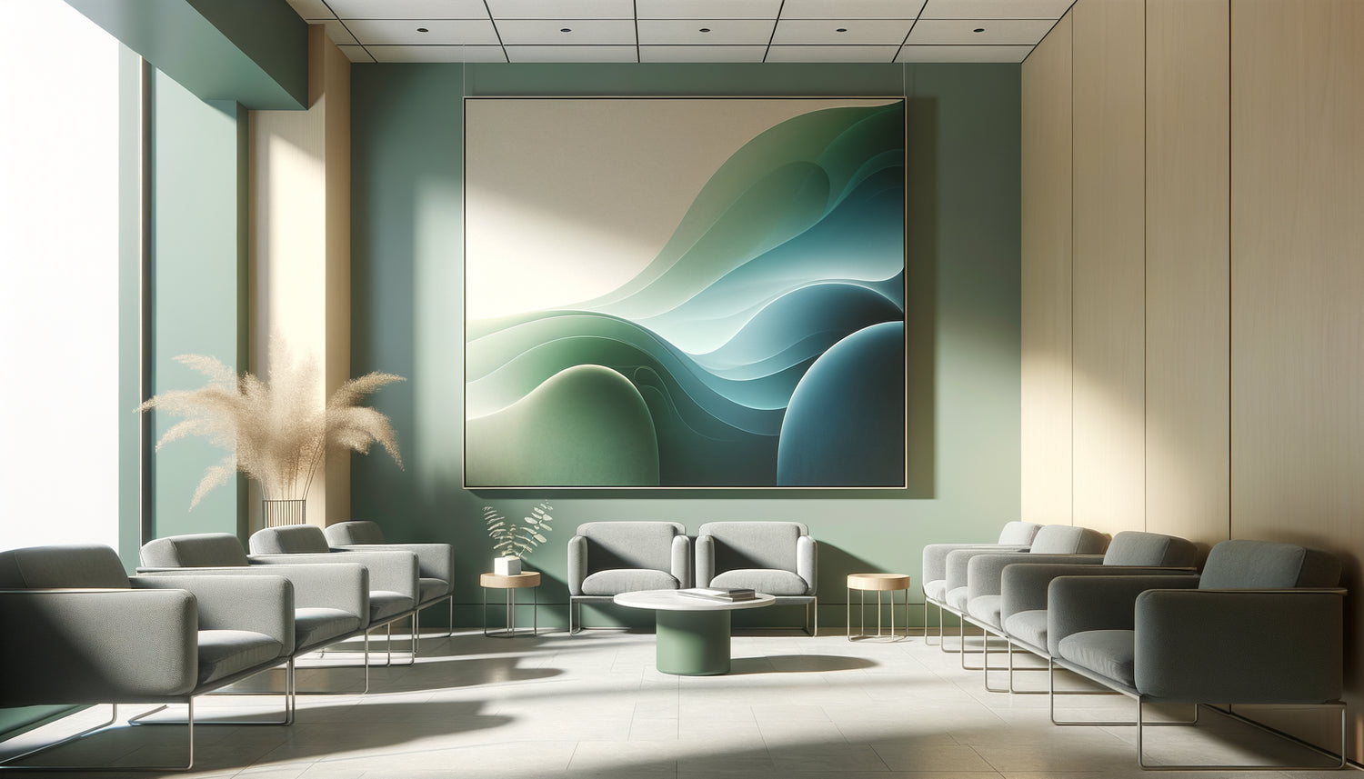 Salle d'attente contemporaine avec tableau abstrait aux couleurs apaisantes bleu-vert favorisant la contemplation