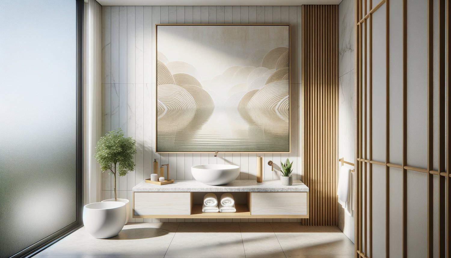 Tableau apaisant aux tons beiges et verts dans une salle de bain zen minimaliste contemporaine